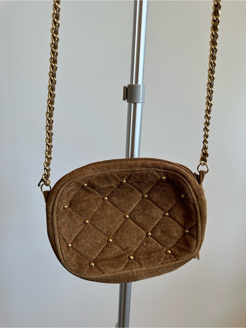 Quilted Brown Suede Crossbody Bag with Gold Chain Strap